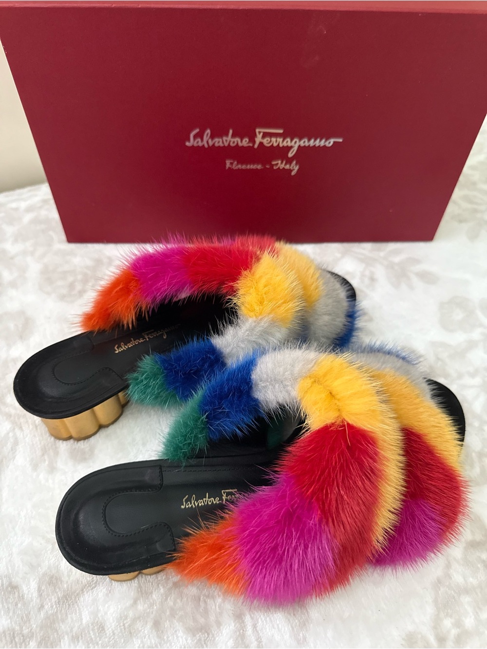 Salvatore Ferragamo "Belluno" Rainbow Mink Fur Slide Sandals – Size 8 C Italy